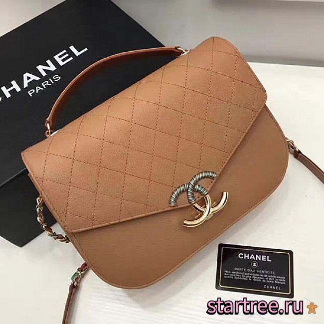 Chanel Grained Calfskin Flap Bag With Top Handle Khaki- A93633 - 25x19x7cm - 1
