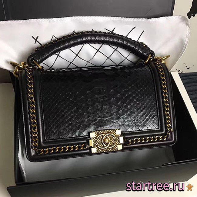 Chanel Snake Embossed Boy Bag With Top Handle Black Gold- A14041 - 25x16x9cm - 1