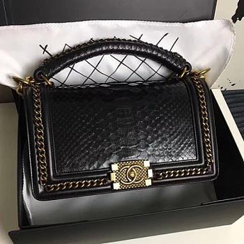 Chanel Snake Embossed Boy Bag With Top Handle Black Gold- A14041 - 25x16x9cm