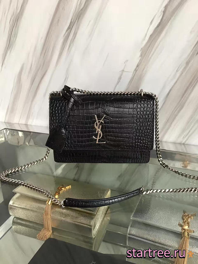 YSL Medium Sunset Bag In Shiny Crocodile-Embossed Leather -22cm x 16cm x 8cm - 1