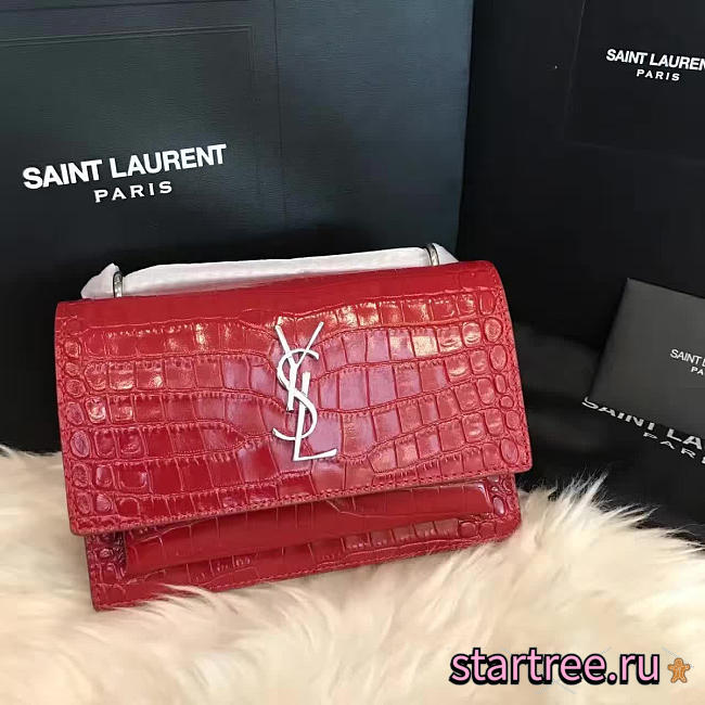 YSL Sunset Chain Wallet In Crocodile Embossed Shiny Leather Red - 17cm x 13cm x 7cm - 1