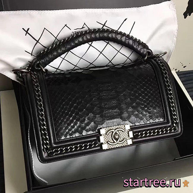 Chanel Snake Embossed Boy Bag With Top Handle Black Silver A14041 - 1