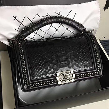 Chanel Snake Embossed Boy Bag With Top Handle Black Silver A14041