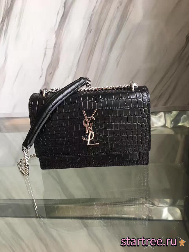 YSL Sunset Chain Wallet In Crocodile Embossed Shiny Black Leather - 17cm x 13cm x 7cm - 1