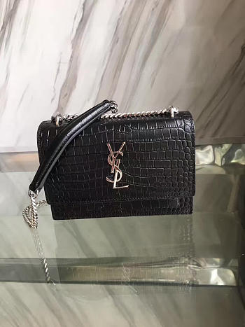 YSL Sunset Chain Wallet In Crocodile Embossed Shiny Black Leather - 17cm x 13cm x 7cm