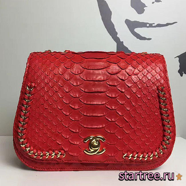 Chanel Snake Embossedr Flap Shoulder Bag Red- A98774 - 15.5x20x8cm - 1