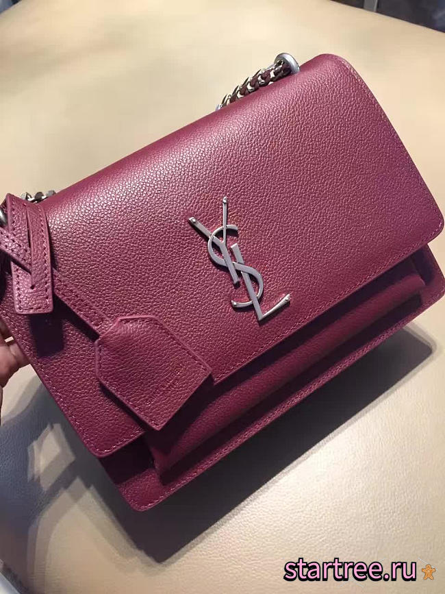 YSL Medium Sunset Bag Grained Leather Silver - 22cm x 16cm x 8cm - 1