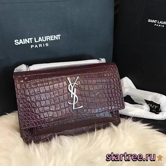 YSL Sunset Chain Wallet In Crocodile Red Wine - 17cm x 13cm x 7cm - 1