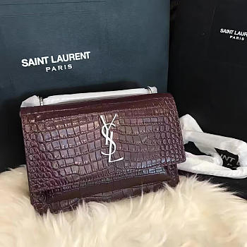 YSL Sunset Chain Wallet In Crocodile Red Wine - 17cm x 13cm x 7cm