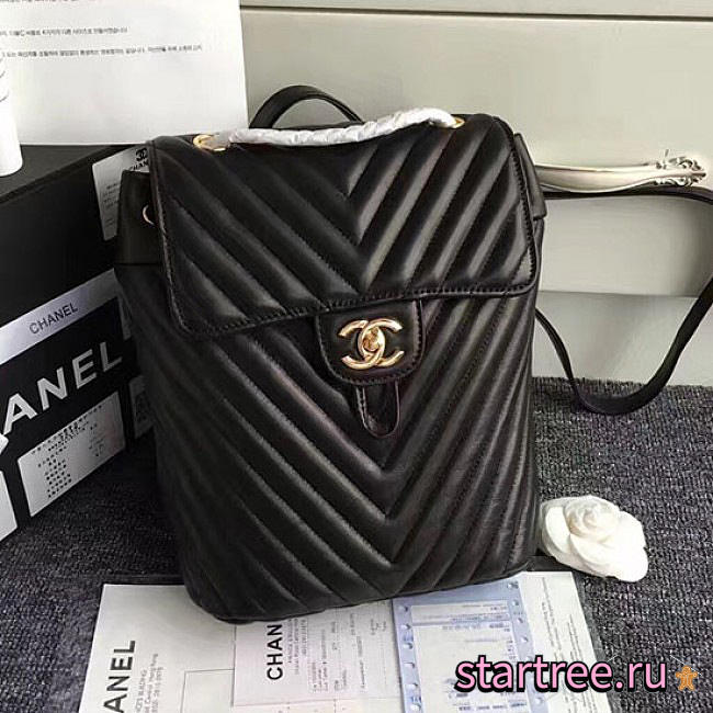 Chanel Chevron Lambskin Backpack Black Gold Hardware - 1