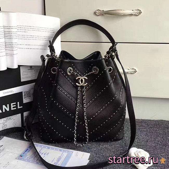 Chanel calfskin bucket bag black a93598 vs08022 - 1