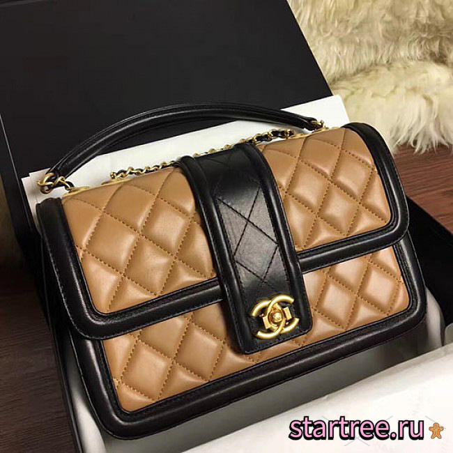 Chanel Quilted Lambskin Gold-Tone Metal Flap Bag Beige And Black- A91365 - 25.5x16x7.5cm - 1