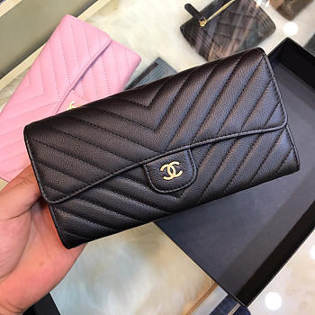 Chanel Long Imported Deer Grain Leather V-Grain Road Wallet A80758- 10.5x19xcm