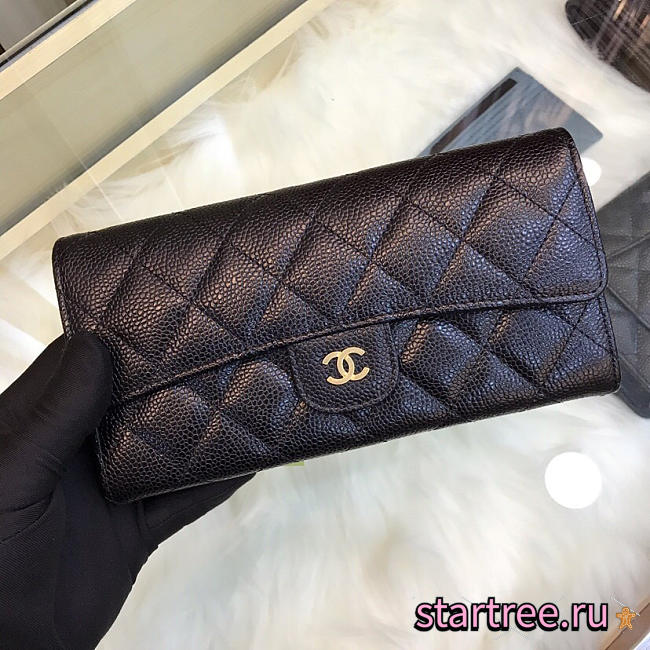 Chanel Classic Long Flap Wallet Caviar Leather Black- 10.5x19.4x3 cm - 1