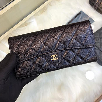 Chanel Classic Long Flap Wallet Caviar Leather Black- 10.5x19.4x3 cm