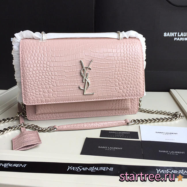 YSL Small Crocodile Sunset Silver chain front flap handbag pink - 1