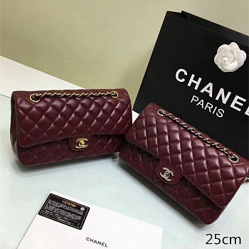 Chanel Lambskin Leather Flap Bag Gold/Silver Wine Red- 25cm