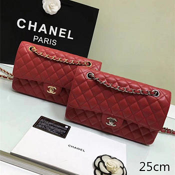 Chanel Calfskin Leather Flap Bag Gold Red  25cm