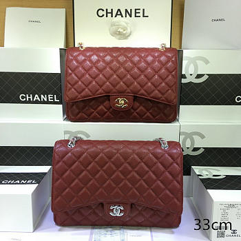 Chanel Caviar Leather Flap Bag Gold/Silver Maroon Red- 33cm