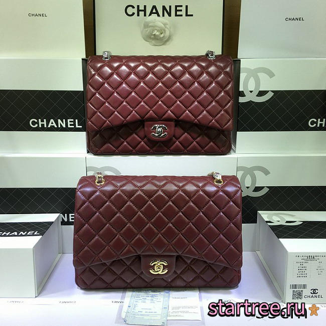 Chanel Lambskin Leather Flap Bag With Gold/Silver Hardware Maroon Red - 33cm - 1