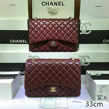 Chanel Lambskin Leather Flap Bag With Gold/Silver Hardware Maroon Red - 33cm