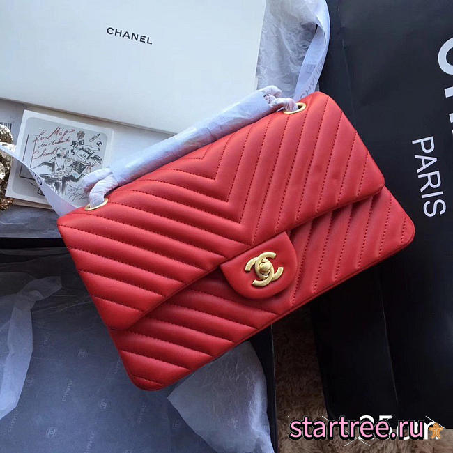 Chanel Classic Handbag Red Grained Calfskin & Gold-Tone -25cm - 1