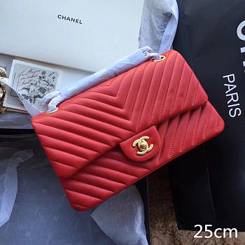 Chanel Classic Handbag Red Grained Calfskin & Gold-Tone -25cm
