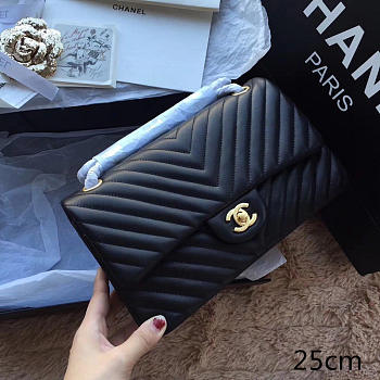 Chanel Classic Handbag Black Grained Calfskin & Gold-Tone -25cm
