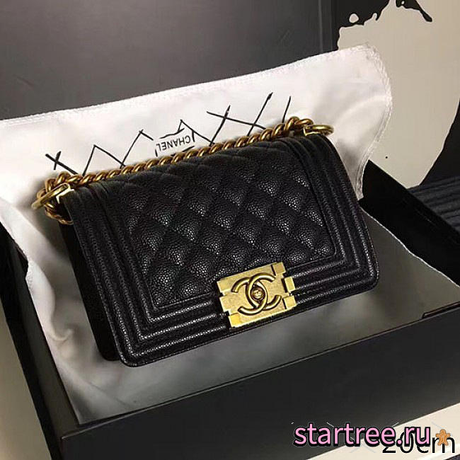 Chanel Small Quilted Caviar Boy Bag Black Gold A13043 - 1