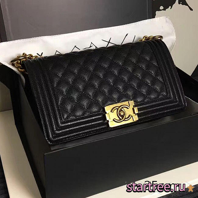 Chanel Medium Quilted Caviar Boy Bag Black Gold A13043 - 1