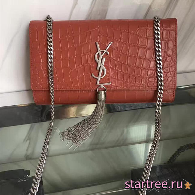 YSL| Monogram Kate Silver Tassel In Embossed Crocodile Shiny Leather - 24cm x 14.5cm x 5.5cm - 1