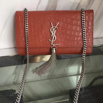 YSL| Monogram Kate Silver Tassel In Embossed Crocodile Shiny Leather - 24cm x 14.5cm x 5.5cm