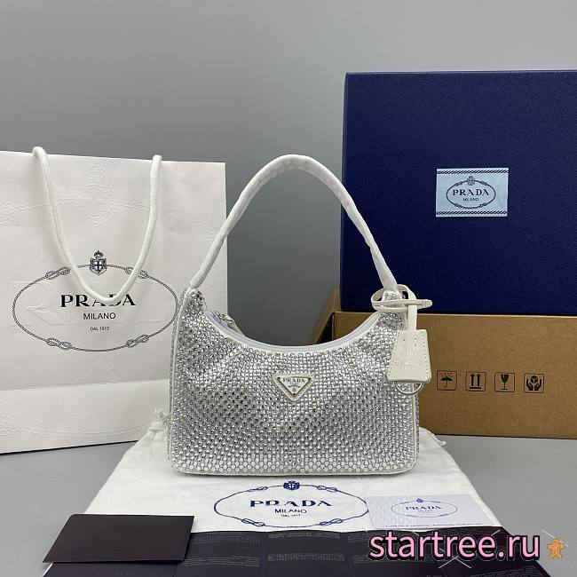 Prada_Satin Artificial Crystals White Bag- 1NE515 -22x12x6cm - 1