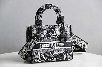 Dior Lady Medium D-Lite Black And White Around The World Embroidery - 24x20x11cm