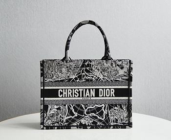 Dior Book Tote Black And White Around The World Embroidery- 36.5x28x14cm