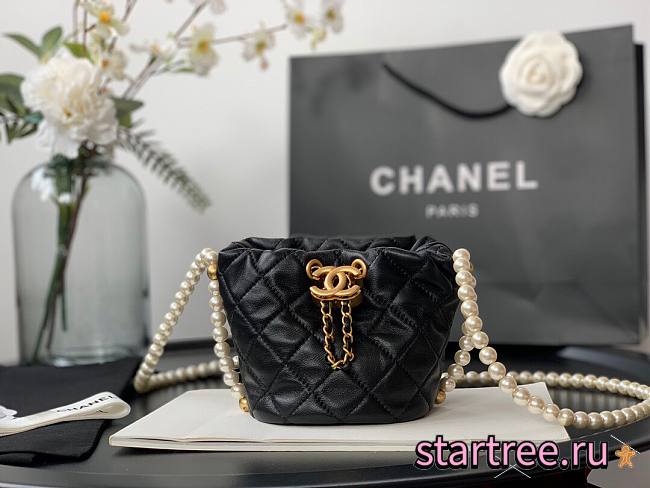 Chanel Mini Pearl Chain Bucket Drawstring Bag Black - AS2529 - 12x12x12cm - 1