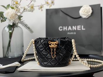 Chanel Mini Pearl Chain Bucket Drawstring Bag Black - AS2529 - 12x12x12cm