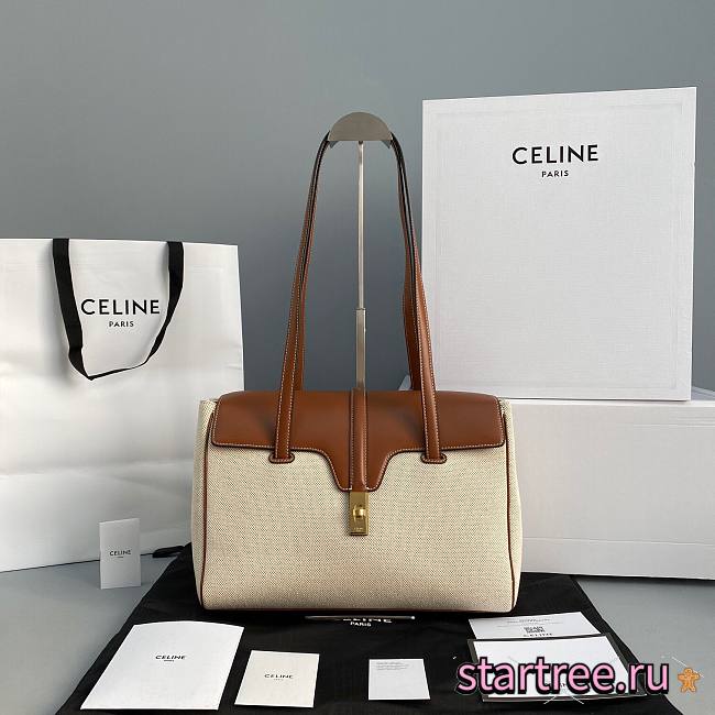 Celine Medium Soft 16 Bag In Textile And Calfskin Tan/White - 33x23x14cm - 1