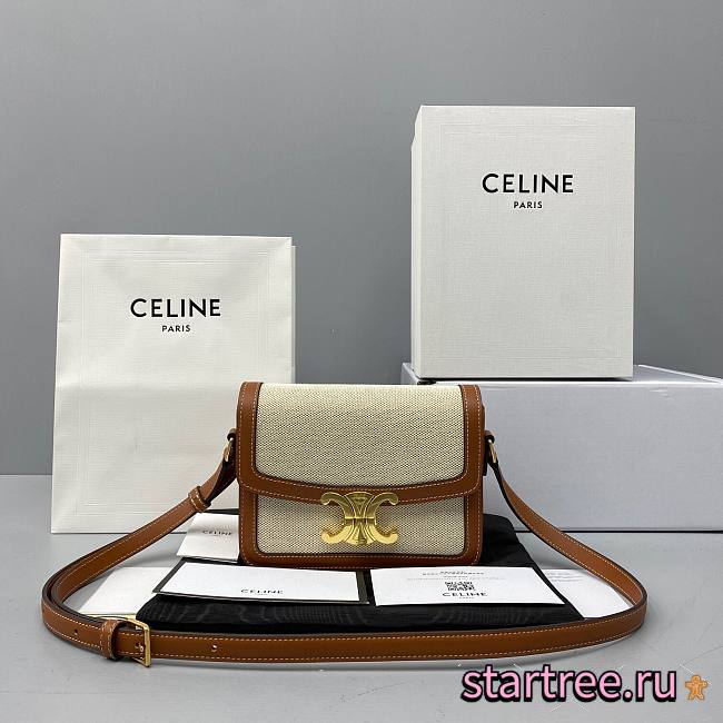 Celine Small Triomphe Bag In Textile And Natural Calfskin Tan/White - 18x14x6cm - 1