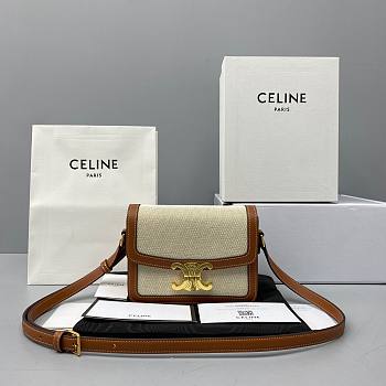 Celine Small Triomphe Bag In Textile And Natural Calfskin Tan/White - 18x14x6cm