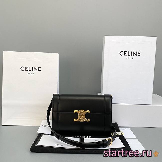 Celine Strap Bag Triomphe In Shiny Calfskin Black - 21x15x4.5cm - 1