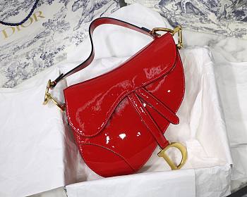 Dior Red Patent Leather Saddle Bag with Gold Hardware - 25.5x20x6.5cm