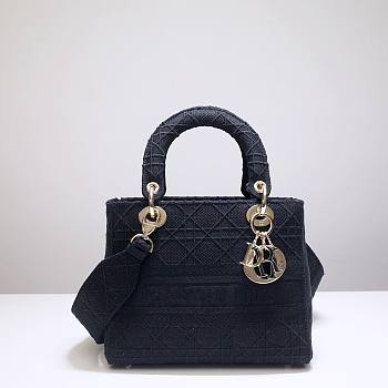 Dior Lady D-Lite Bag Black Cannage Embroidery- M0565O - 24x20x11cm