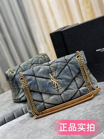 YSL| Loulou Puffer Medium Bag In Quilted Vintage Denim - 35 x 23 x 13.5 cm