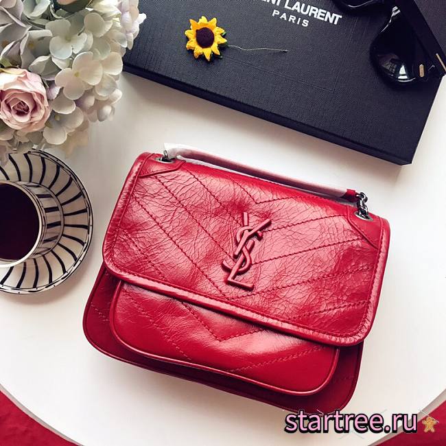 YSL| Niki Baby In Crinkled Vintage Leather Red - 22x16.5x12cm - 1