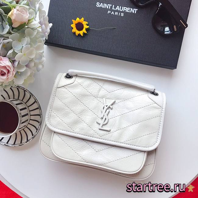 YSL| Niki Baby In Crinkled Vintage Leather White - 22x16.5x12cm - 1