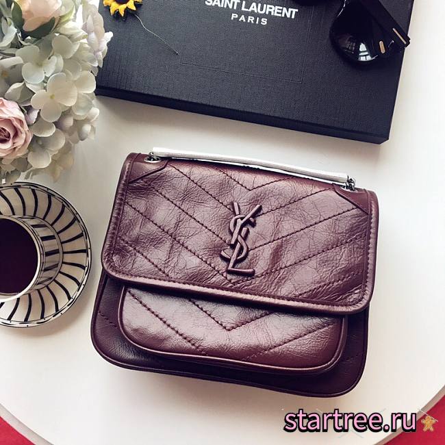 YSL| Niki Baby In Crinkled Vintage Leather Red Wine - 22x16.5x12cm - 1