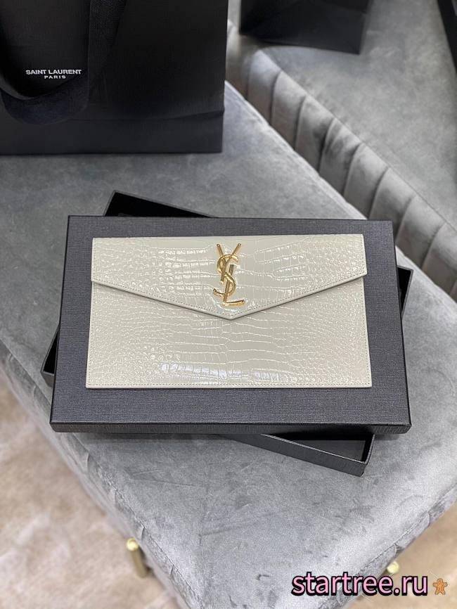 YSL| Uptown Pouch In Crocodile Embossed Shiny Leather White  - 27×16×2cm - 1