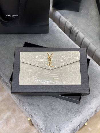 YSL| Uptown Pouch In Crocodile Embossed Shiny Leather White  - 27×16×2cm