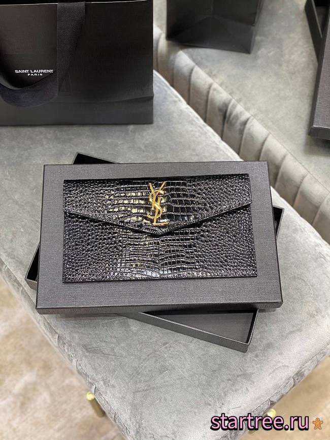 YSL| Uptown Pouch In Crocodile Embossed Shiny Leather Black  - 27×16×2cm - 1